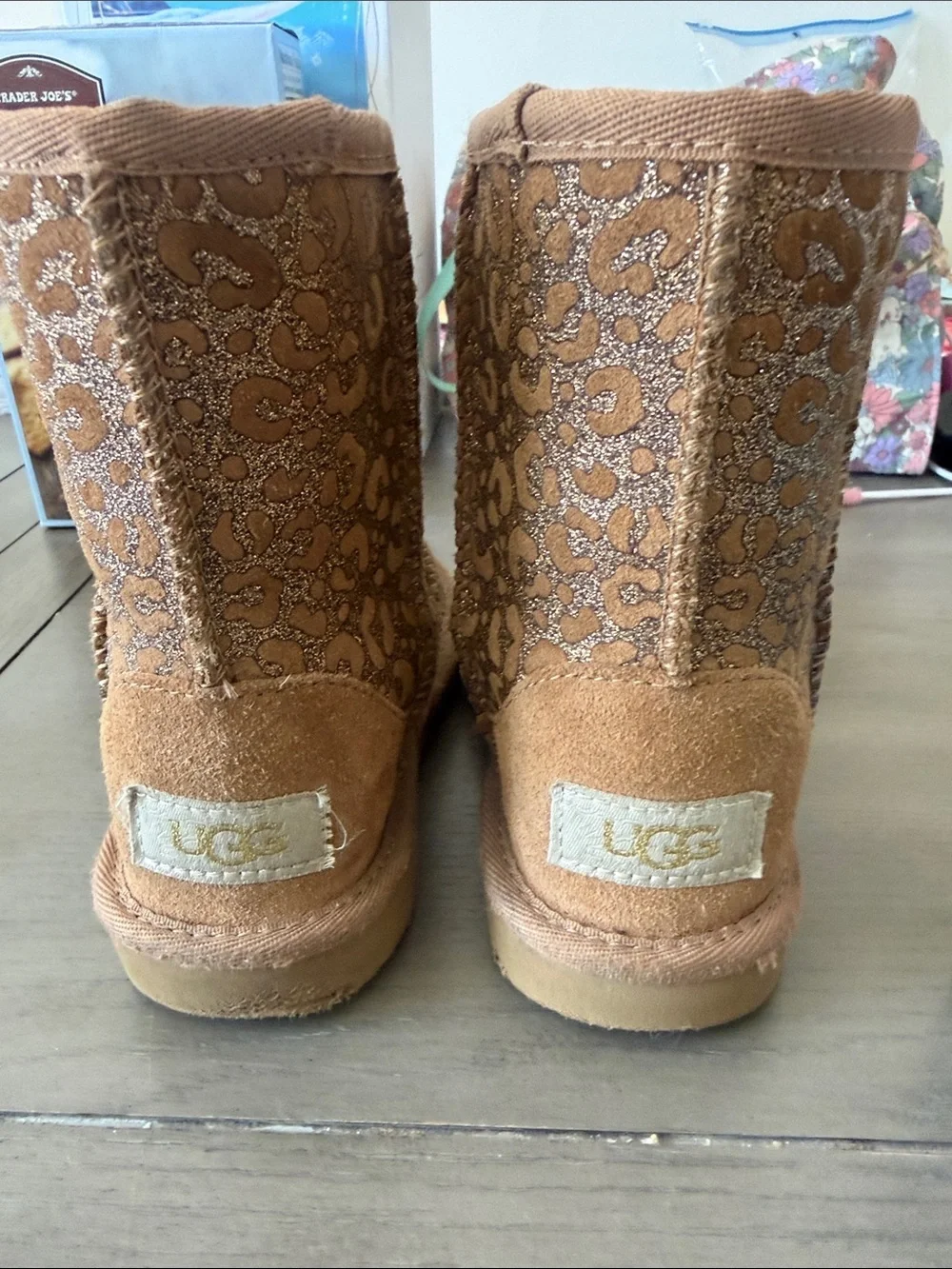 UGG Kids Tan Glitter Leopard Print Shearling Boots